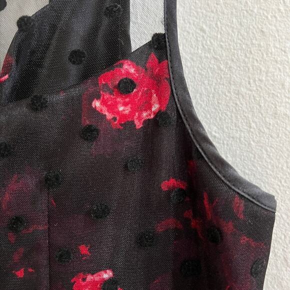Carmen Marc Valvo Sleeveless Red Rose/Polka Dot Black Tulle Overlay Dress sz 16 - Picture 5 of 14